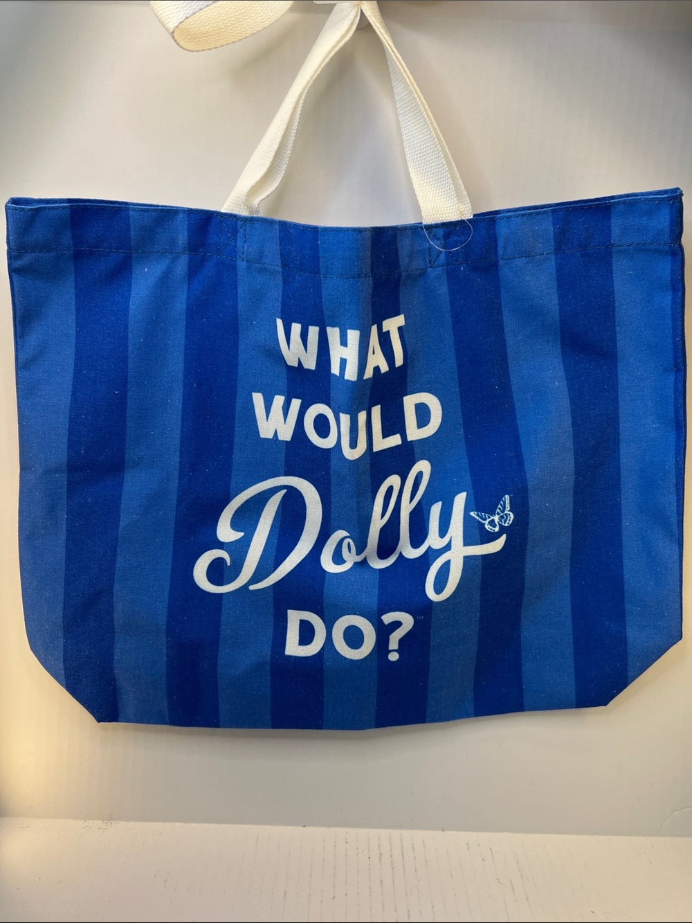 Rare Dolly Parton Blue Striped Canvas Tote Bag - What Would Dolly Do? 19” x 14”
